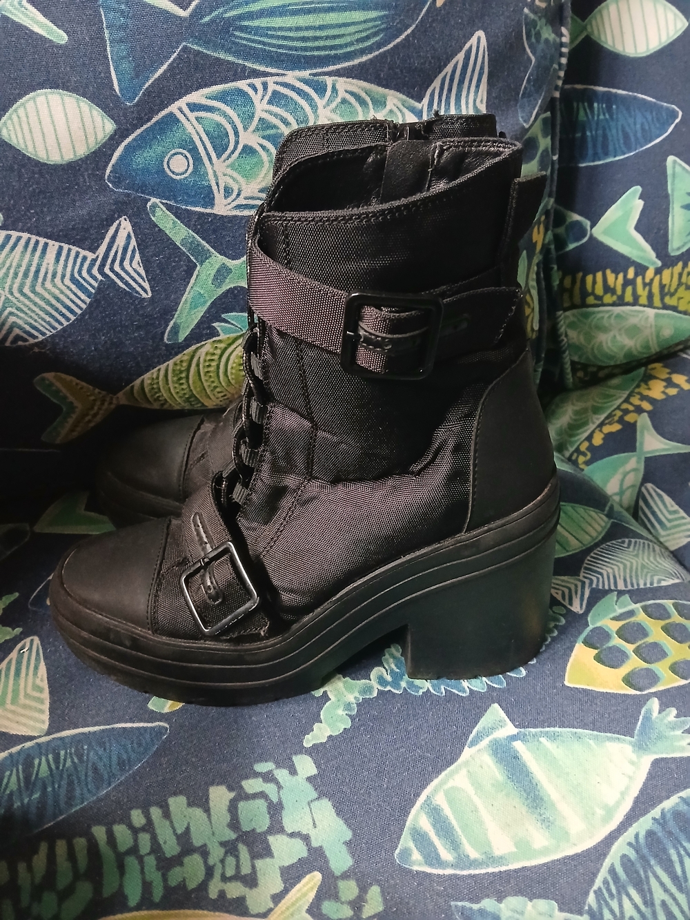 Women’s Black Platform Lace-Up Ankle Boots with Buckle